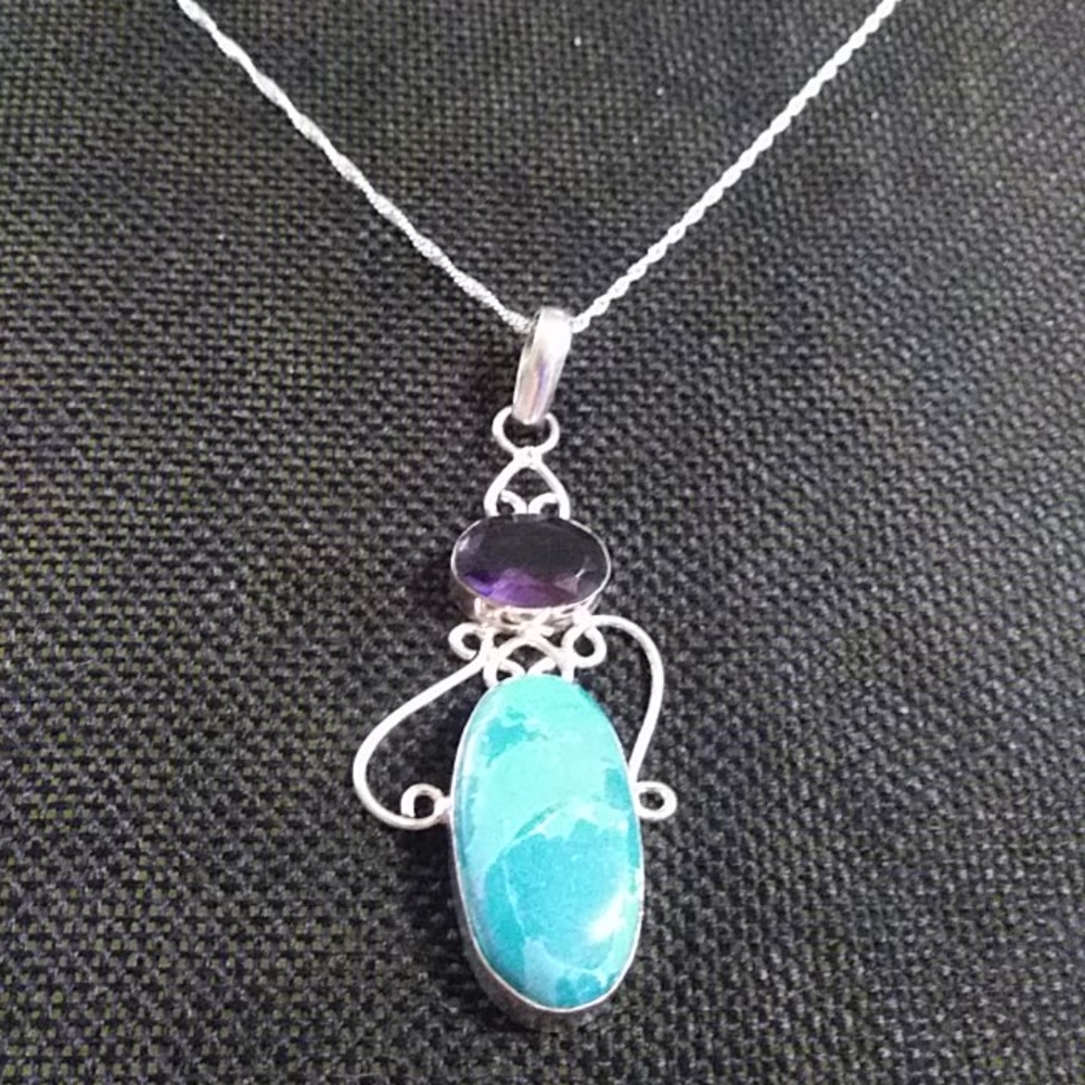 SERIOUS BUYERS LARIMAR,AMETHYST PENDANT. STERLING, ADJUSTABLE, SINGAPORE 30" CH.